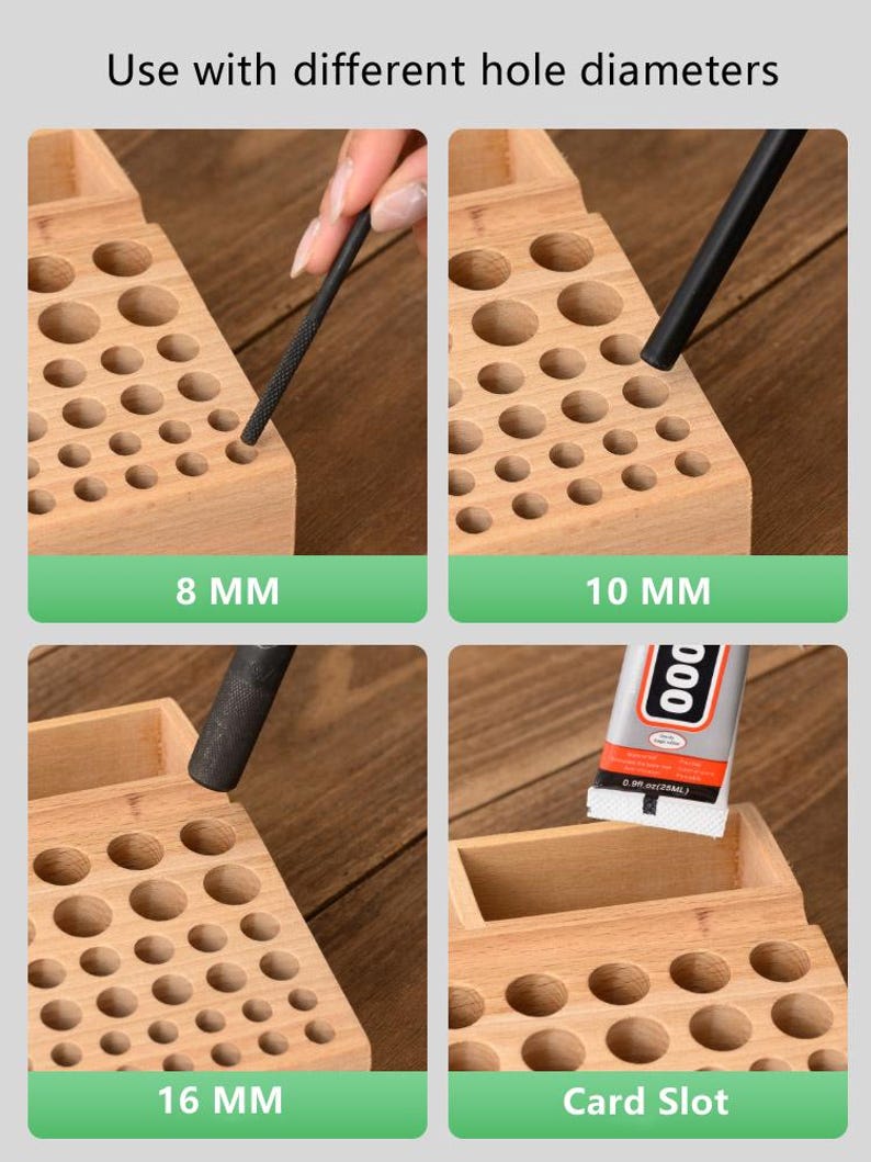 May include: Wooden organiser with multiple holes of different sizes for storing items. The holes are labelled with the diameter in millimetres: 8 mm, 10 mm, and 16 mm. There is also a slot for cards.