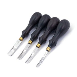 May include: Four wood carving gouges with dark brown handles and silver blades. The blades are labeled with sizes: 10mm, 8mm, 6mm, and 4mm. The handles have a brass ferrule where the blade meets the handle.