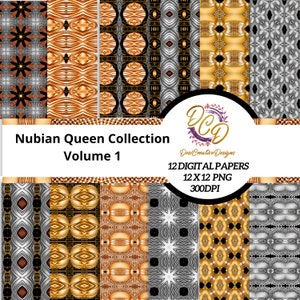Può includere: Una collezione di 12 carte digitali con motivi geometrici e tribali in oro, marrone e argento. Le carte misurano 30,48 cm x 30,48 cm e hanno 300 DPI. La collezione si intitola "Nubian Queen Collection Volume 1".