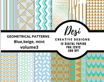 GEOMETRIC PATTERNS   VOLUME 3, Shapes form,traingle,diamonds.greens,blues,beige 12x12 paper pack