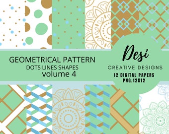 GREEN ,BLUE,BEIGE,Geometrical 12 pack paper ,stripes, diamonds circles ,scrapebook projects,Wallart