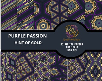 Purple Passion Hint of Gold, Digital wallpaper Patterns, swirls ,Scrapbook pattern, 12x12