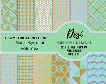 GEOMETRIC  Pattern,diamonds,lines,traingles, int green,beige and baby blue  paper pack