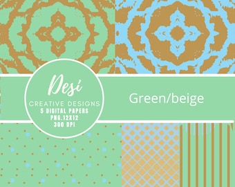 Digital paper 5 pack , Green and Beige, Digital Background, Scrapbook Paper, Geometric pattern design, Card Making