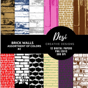 May include: A digital paper pack showcasing diverse brick wall and wood plank textures in various colours. The pack contains 12 digital papers, with the text "BRICK WALLS ASSORTMENT OF COLORS #2" and "Desi CREATIVE DESIGNS".
