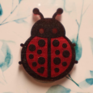 May include: A red and black ladybug-shaped embellishment with black spots and antennae. The ladybug is set against a white background with blue leaf patterns. This decorative item could be used for crafts or as a charm.