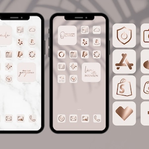 May include: A phone screen with rose gold icons for apps like Instagram, Facebook, Spotify, and more. The icons are on a white background with a marble pattern.