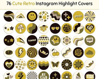 76 copertine di evidenziazione Instagram retrò gialle e nere, icone uniche della storia di Instagram, modello Instagram, estetica Instagram gialla, storia IG