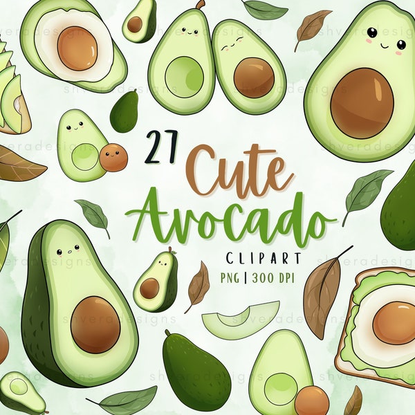 27 Avocado Clipart Bundle, png avocado bundle, hand drawn, original art, egg avocado clipart pack, cute avocado digital stickers