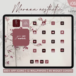 1000 Maroon APP ICON PACK for iPad Homescreen Customization | iOS 16 | iOS 15 | 12 Wallpapers | 45 Widget Covers |  Burgundy iPad aesthetic