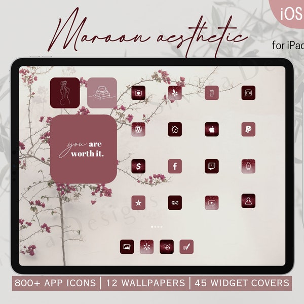 1000 Maroon APP ICON PACK for iPad Homescreen Customization | iOS 16 | iOS 15 | 12 Wallpapers | 45 Widget Covers |  Burgundy iPad aesthetic