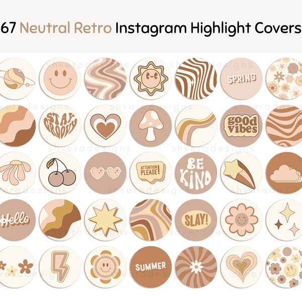 67 Groovy Retro Instagram Highlight Covers, Neutral aesthetic, Instagram Story, Neutral Instagram aesthetic, Cute Retro IG Story Icons