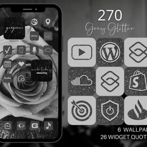 270 grijze glitter iOS16 app-iconenpakket, 6 wallpapers, 26 widgetfoto&#39;s, esthetische zilveren iconen, houtskoolglitter iOS14 iconen, digitale download