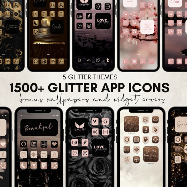 1500+ Glitzer BÜNDEL von iOS 16 App Icons | 5 Glitzer Themes, Sofortiger digitaler Download, iPhone App Icons Bundle Pack, Home Screen iOS14 Icons