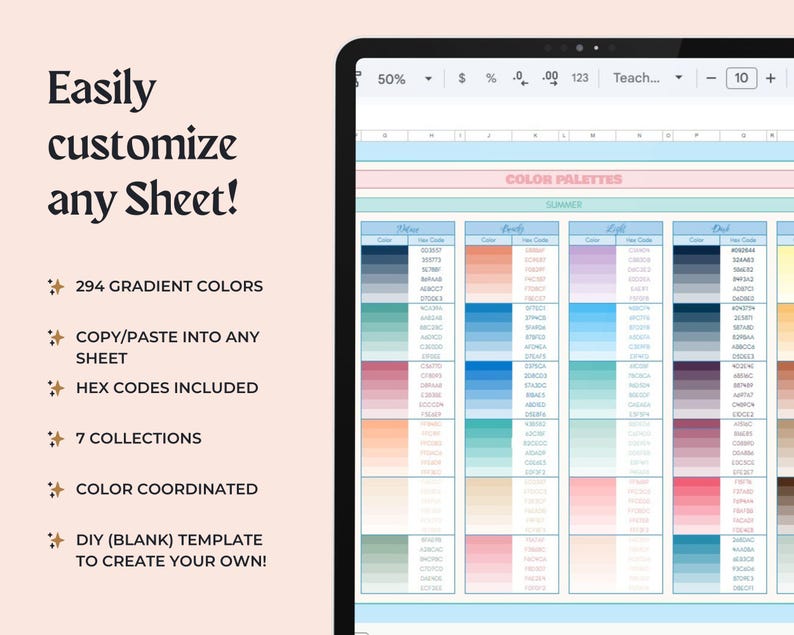 K&ouml;nnte beinhalten: Eine digitale Tabellenvorlage auf einem Bildschirm mit dem Text Easily customize any Sheet! und einer Liste von 294 Farbverl&auml;ufen, die in sieben Sammlungen mit Hex-Codes unterteilt sind, einschlie&szlig;lich einer leeren DIY-Vorlage f&uuml;r eigene Kreationen.