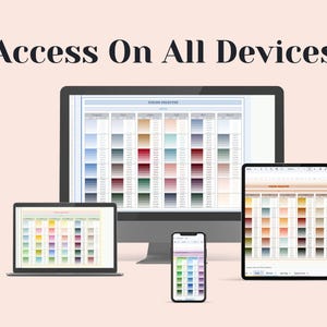K&ouml;nnte beinhalten: Eine digitale Anzeige mit Farbpaletten-Diagrammen auf einem Desktop-Monitor, einem Laptop, einem Tablet und einem Smartphone. Der Text Access On All Devices ist oben zentriert. Jeder Bildschirm zeigt ein Raster mit verschiedenen Farbfeldern.