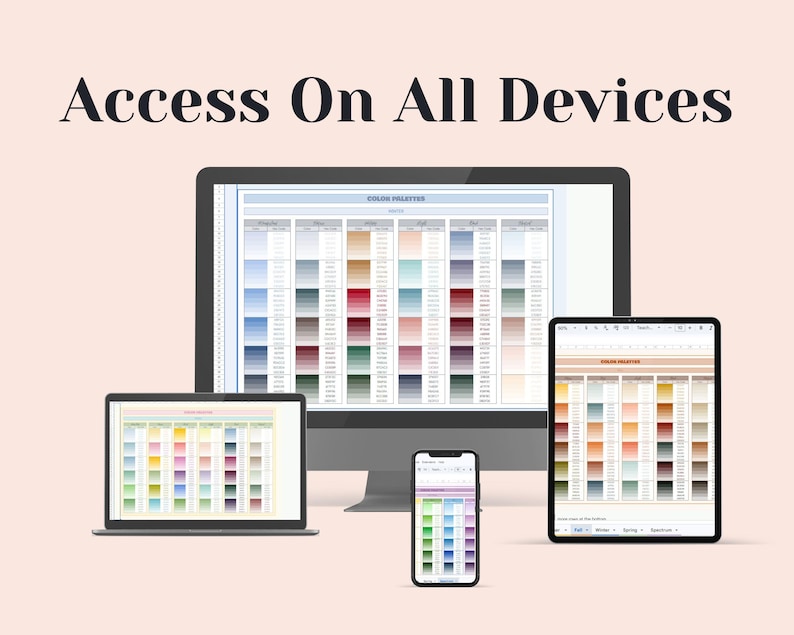 K&ouml;nnte beinhalten: Eine digitale Anzeige mit Farbpaletten-Diagrammen auf einem Desktop-Monitor, einem Laptop, einem Tablet und einem Smartphone. Der Text Access On All Devices ist oben zentriert. Jeder Bildschirm zeigt ein Raster mit verschiedenen Farbfeldern.
