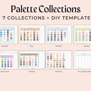 K&ouml;nnte beinhalten: Eine digitale Anzeige mit dem Titel Palette Collections 7 Collections + DIY Template, die acht verschiedene Rasterdiagramme zeigt. Die Diagramme zeigen verschiedene Farbpaletten mit den Bezeichnungen Summer, Fall, Winter, Spring, Spectrum, Themes, Months und DIY Blank Template.