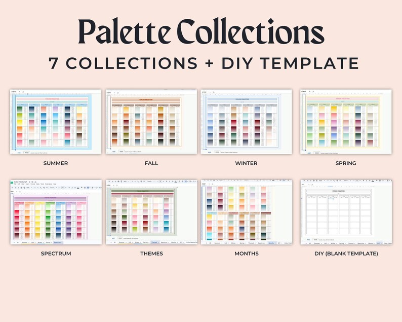 K&ouml;nnte beinhalten: Eine digitale Anzeige mit dem Titel Palette Collections 7 Collections + DIY Template, die acht verschiedene Rasterdiagramme zeigt. Die Diagramme zeigen verschiedene Farbpaletten mit den Bezeichnungen Summer, Fall, Winter, Spring, Spectrum, Themes, Months und DIY Blank Template.