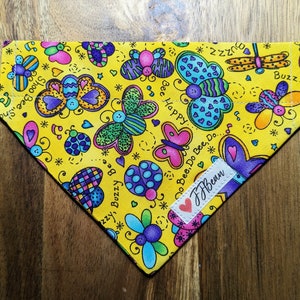 Pet bandana - Social Butterfly - Over the Collar Bandanas - summertime, yellow, sunshine, flowers, butterflies, insects, cartoon, happy