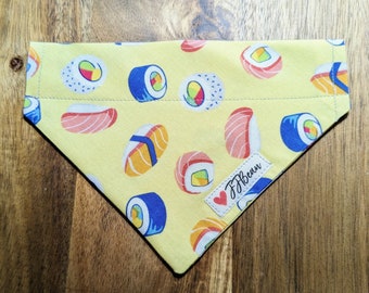 Pet Bandanas - Louis -Over the Collar - sushi, dinner, sashimi, salmon, tuna, rice, sushi roll, foodie, yellow, restaurant, rainbow roll