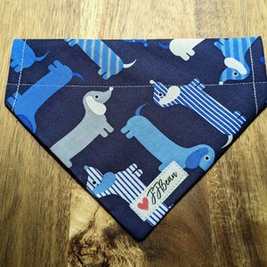 Pet bandana - Blue Doxie - Over the Collar Bandanas - summertime, dachshund, stripes, cartoon, sausage dog, hampton, weiner dog, puppy, dog