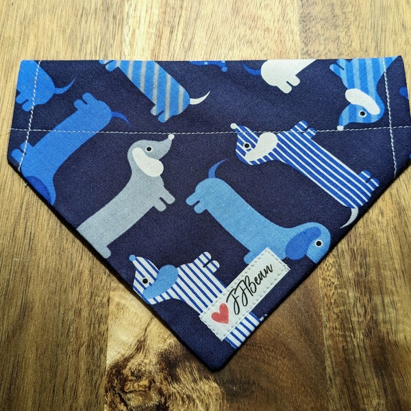 Pet bandana - Blue Doxie - Over the Collar Bandanas - summertime, dachshund, stripes, cartoon, sausage dog, hampton, weiner dog, puppy, dog