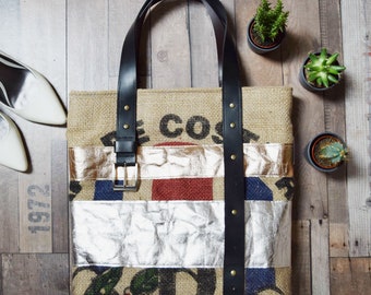 Coffee sack bag, upcycling bag with coffee sack and leather, fashion bag, coffee sack bag with leather handles