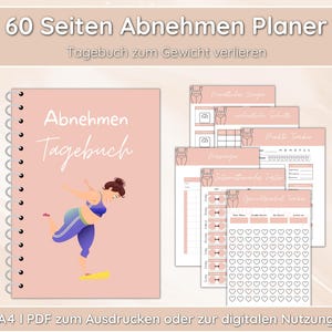 Könnte beinhalten: Ein rosa-weißer druckbarer Planer mit dem Text "60 Seiten Abnehmen Planer" und "Tagebuch zum Gewicht verlieren". Das Cover zeigt eine Comic-Illustration einer Frau beim Sport. Der Text "Abnehmen Tagebuch" ist ebenfalls auf dem Cover.