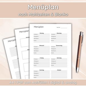 May include: A black and white printable meal planner template with the text "Menüplan nach Mahlzeiten & Blanko" at the top. The template is divided into days of the week, with sections for breakfast, lunch, dinner, and snacks. The text "A4 I PDF zum Ausfüllen I digital & analog" is at the bottom.