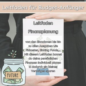 Puede incluir: Un libro blanco con el título "Leitfaden Finanzplanung" y el texto "von den Einnahmen bis hin zu allen Ausgaben wie Fixkosten, Sinking Funds.... Mit diesem Leitfaden kannst du deine persönlichen Finanzen individuell planen & dadurch ein kleines Vermögen sparen". El libro está siendo sostenido por dos manos.