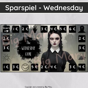 Könnte beinhalten: Ein Spielbrett mit einer Schwarzweißillustration von Wednesday Addams aus der Addams Family. Das Brett hat verschiedene Felder mit unterschiedlichen Geldbeträgen, darunter 1 Euro, 2 Euro, 3 Euro, 4 Euro, 5 Euro und 6 Euro. Das Spiel heißt "The Wednesday Game".