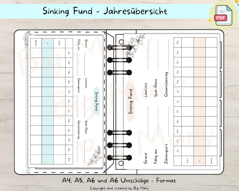 May include: A printable sinking fund tracker with a black and white design. The tracker includes sections for the reason for saving, the amount saved, the payment date, and the total amount saved. The tracker is designed for use with a binder.