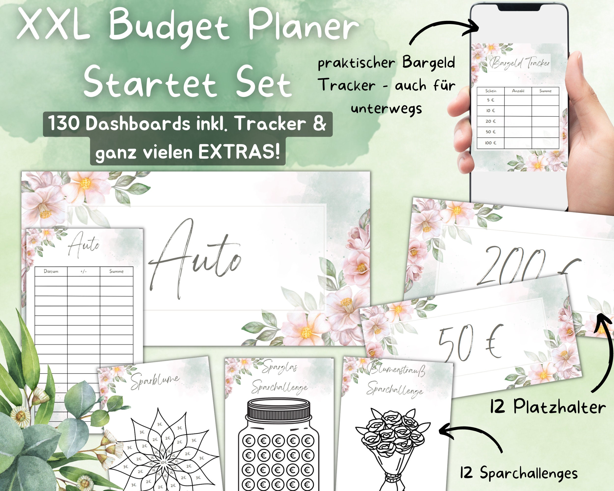 Set iniziale Budget Planner XXL, 130 copertine + foglio budget, sfide di risparmio, inserti segnaposto A6, metodo busta, riempimento contanti