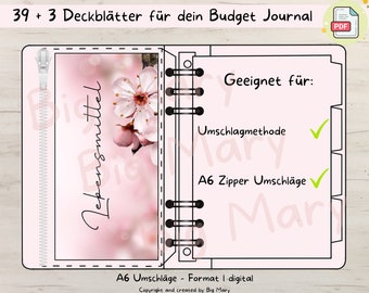 39 + 3 blank cover sheets for budget journals, cover sheets for envelope method, A6 zipper envelopes, digital PDF download, Big Mary
