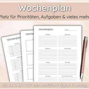 Könnte beinhalten: Eine druckbare Wochenplan-Vorlage in Schwarzweiß mit dem Text "Wochenplan" und "Platz für Prioritäten, Aufgaben & vieles mehr". Die Vorlage ist in die Wochentage unterteilt, mit Platz für Notizen und Aufgaben.
