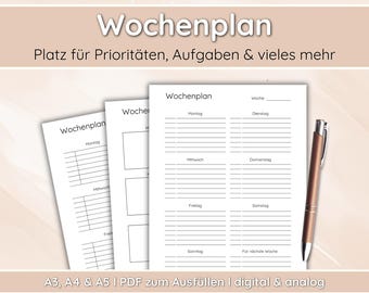 May include: A printable weekly planner template in black and white with the text "Wochenplan" (German for "weekly planner") and "Platz für Prioritäten, Aufgaben & vieles mehr" (German for "Space for priorities, tasks & much more"). The template is divided into days of the week, with space for notes and tasks.