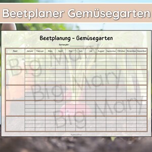 May include: A printable garden planner with a beige background and brown grid lines. The planner is titled "Beetplanung - Gemüsegarten" and includes a section for "Gartenjahr" (garden year). The planner has columns for each month of the year and rows for different types of beets.
