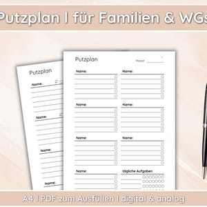 May include: A printable cleaning schedule template for families and roommates. The template includes a list of names and a checklist for each person's assigned chores. It also includes a section for daily tasks.