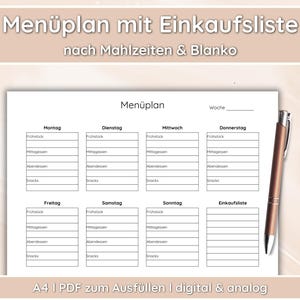 May include: A printable weekly meal planner with a shopping list. The planner is divided into days of the week, with sections for breakfast, lunch, dinner, and snacks. The shopping list is on the right side of the page.