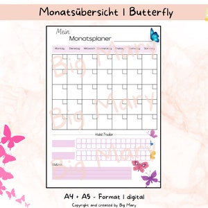 Pode incluir: Um planejador mensal imprimível com um design de borboleta. O planejador inclui uma grade de calendário, um rastreador de hábitos e uma seção de notas. O texto "Monatsübersicht | Butterfly" está no topo da página. O texto "Mein Monatsplaner" está no topo da grade do calendário. O texto "Habit Tracker" está acima da seção de rastreamento de hábitos. O texto "Notizen" está acima da seção de notas. O texto "A4 + A5 - Format | digital" está na parte inferior da página. O texto "Copyright and created by Big Mary" está abaixo do texto "A4 + A5 - Format | digital".