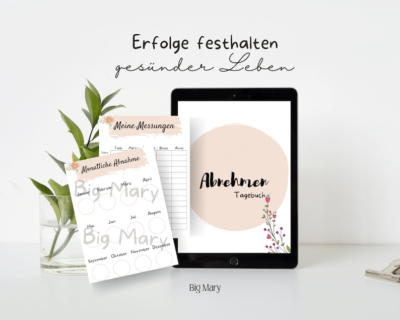 May include: A digital planner with a pink and white floral design. The planner is titled "Abnehmen Tagebuch" which translates to "Weight Loss Diary". The planner also includes a section for tracking monthly weight loss and a section for tracking measurements.