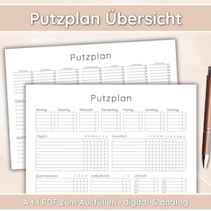 Könnte beinhalten: Eine druckbare Putzplan-Vorlage auf Deutsch. Die Vorlage enthält Abschnitte für tägliche, wöchentliche, monatliche, vierteljährliche, halbjährliche und jährliche Aufgaben. Die Vorlage ist für A4-Papier konzipiert und kann digital oder analog verwendet werden.