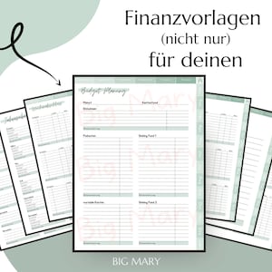 Könnte beinhalten: Ein druckbarer Budgetplaner mit Abschnitten für monatliche Einnahmen, Ausgaben, Ersparnisse und Sinking Funds. Der Planer hat ein grün-weißes Farbschema mit dem Text "Budget Planning" oben.