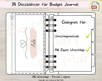 39 + 3 blank cover sheets for budget journals, cover sheets for envelope method, A6 zipper envelopes, digital PDF download, Big Mary