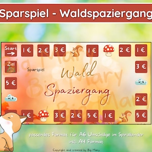 May include: A colorful game board with a fox illustration and the text "Sparspiel - Waldspaziergang". The board features images of squirrels, mushrooms, clouds, and coins with euro symbols. The game board is designed for A6 envelopes and includes an A4 format.