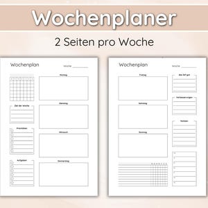 Puede incluir: Planificador semanal de dos páginas, titulado "Wochenplaner" con "2 Seiten pro Woche" en la parte superior. El planificador incluye secciones para cada día, objetivos y notas, además de una cuadrícula para el seguimiento.