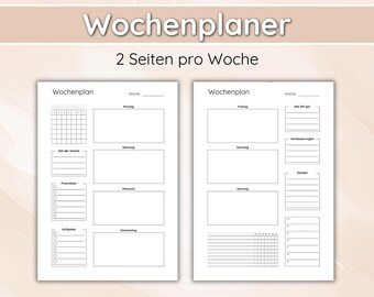 Op de afbeelding: Tweezijdige weekplanner met de titel "Wochenplaner" en de tekst "2 Seiten pro Woche" bovenaan. De planner heeft secties voor elke dag, doelen en notities, plus een raster voor het bijhouden.
