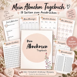 May include: A digital weight loss journal with 19 printable pages featuring sections for goals, measurements, monthly progress, milestones, a countdown, training plans, and water intake tracking, decorated with floral accents and soft pink circles.