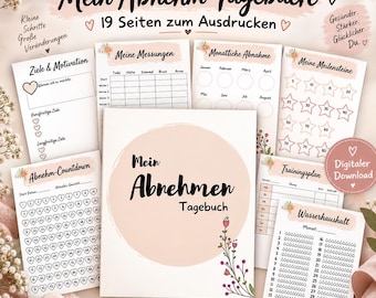 Könnte beinhalten: Ein digitales Abnehm-Tagebuch mit 19 ausdruckbaren Seiten, das Abschnitte für Ziele, Messungen, monatliche Fortschritte, Meilensteine, einen Countdown, Trainingspläne und Wasserhaushalt enthält, verziert mit floralen Akzenten und rosa Kreisen.